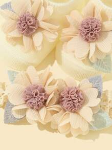 1 Stück Paar Babysocken mit Blumendekor, süß zum Laufen & 1 Stück Haarband für den Alltag, Liebe, Valentinstag - Beige - Übersicht 3