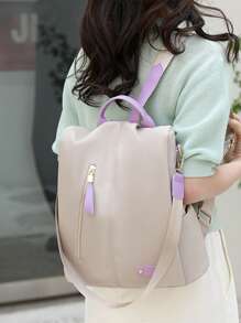 Beige Classic Backpack Fashionable Studded Decor Zipper - Beige - View 2