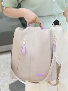 Beige Classic Backpack Fashionable Studded Decor Zipper - Beige - View 4