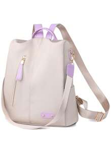 Beige Classic Backpack Fashionable Studded Decor Zipper - Beige - View 5