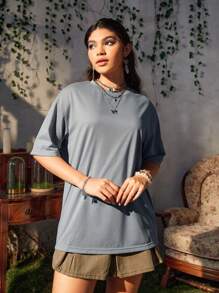 Mushroom & Slogan Graphic Drop Shoulder Tee - Dusty Blue - View 2