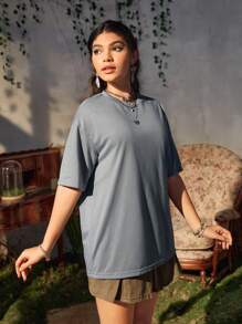 Mushroom & Slogan Graphic Drop Shoulder Tee - Dusty Blue - View 4