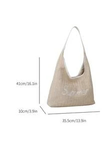 Large Straw Bag Vacation Letter Embroidered Magnet Paper - Beige - View 3