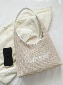 Large Straw Bag Vacation Letter Embroidered Magnet Paper - Beige - View 4