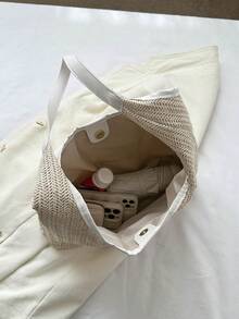 Large Straw Bag Vacation Letter Embroidered Magnet Paper - Beige - View 6