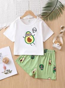 SHEIN Conjunto corto de manga corta con estampado de flor de aguacate cómodo y lindo para ropa de hogar de chicas adolescentes, 2 piezas - Multicolor - Ver 1