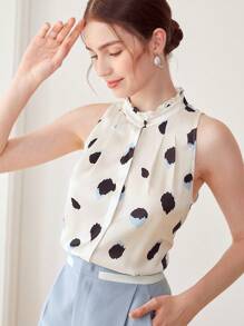 PREMIUM ABSTRACT FRILL NECKLINE BLOUSE - Multicolor - View 8