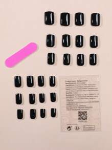 Get Glamorous With 24pcs Short Square Black Solid Color Plain Fake Nail & 1pc Nail File & 1sheet Tape Press On Nails Nail Supplies