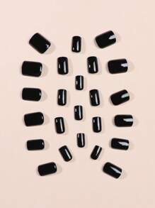 Get Glamorous With 24pcs Short Square Black Solid Color Plain Fake Nail & 1pc Nail File & 1sheet Tape Press On Nails Nail Supplies