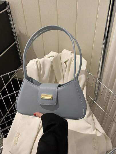 Bolso De Hombro Azul De Moda De La Baguette Del Bolso Del Decoración Del Metal Del Claro De Pu, Bolso Casual, Color Sólido Minimalista, Portátil Para Mujeres Y Niñas, Regalo, Para Exteriores, Viajes, Salidas, Compras Y Vacaciones