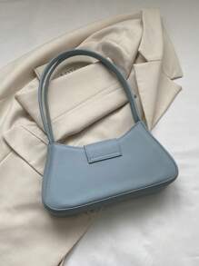 金屬裝飾配 Pu 材質的時尚藍色 Baguette Bag,手提包休閒搭配,簡約素色便攜式,適合女孩和女人當作禮物包裝,戶外、旅遊、出行、購物、假期 - 藍色 - 查看 2