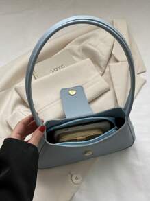 金屬裝飾配 Pu 材質的時尚藍色 Baguette Bag,手提包休閒搭配,簡約素色便攜式,適合女孩和女人當作禮物包裝,戶外、旅遊、出行、購物、假期 - 藍色 - 查看 3