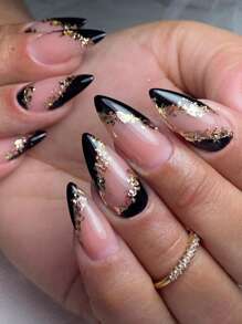 使用24入組長杏仁黑法式亮片風格假指甲和1入組指甲銼和1張膠帶立即升級您造型 - 彩色 - 查看 1