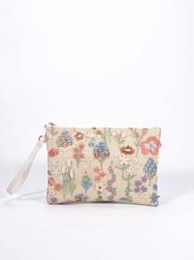 花卉刺繡草編包度假拉鍊中等