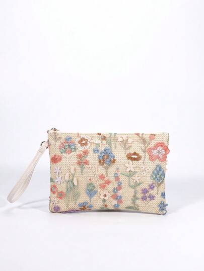 花卉刺繡草編包度假拉鍊中等