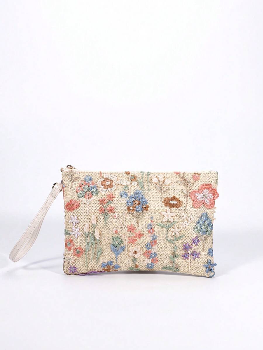 花卉刺繡草編包度假拉鍊中等