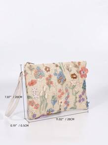 花卉刺繡草編包度假拉鍊中等