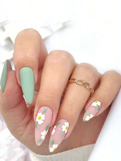 Get Glamorous with 24pcs Long Almond Flower & Leaf Print Frosted Fake Nail & 1pc Nail File & 1sheet Tape