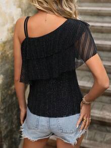 SHEIN LUNE Áo thun nữ Tương phản Mesh phân lớp màu trơn Giải trí - màu đen - Xem 2