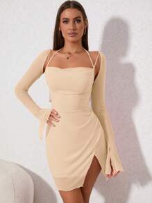 PARTHEA Dây Cắt ra Tách đùi Lưới Váy bodycon - Màu be - Xem 5