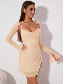 PARTHEA Dây Cắt ra Tách đùi Lưới Váy bodycon - Màu be - Xem 8