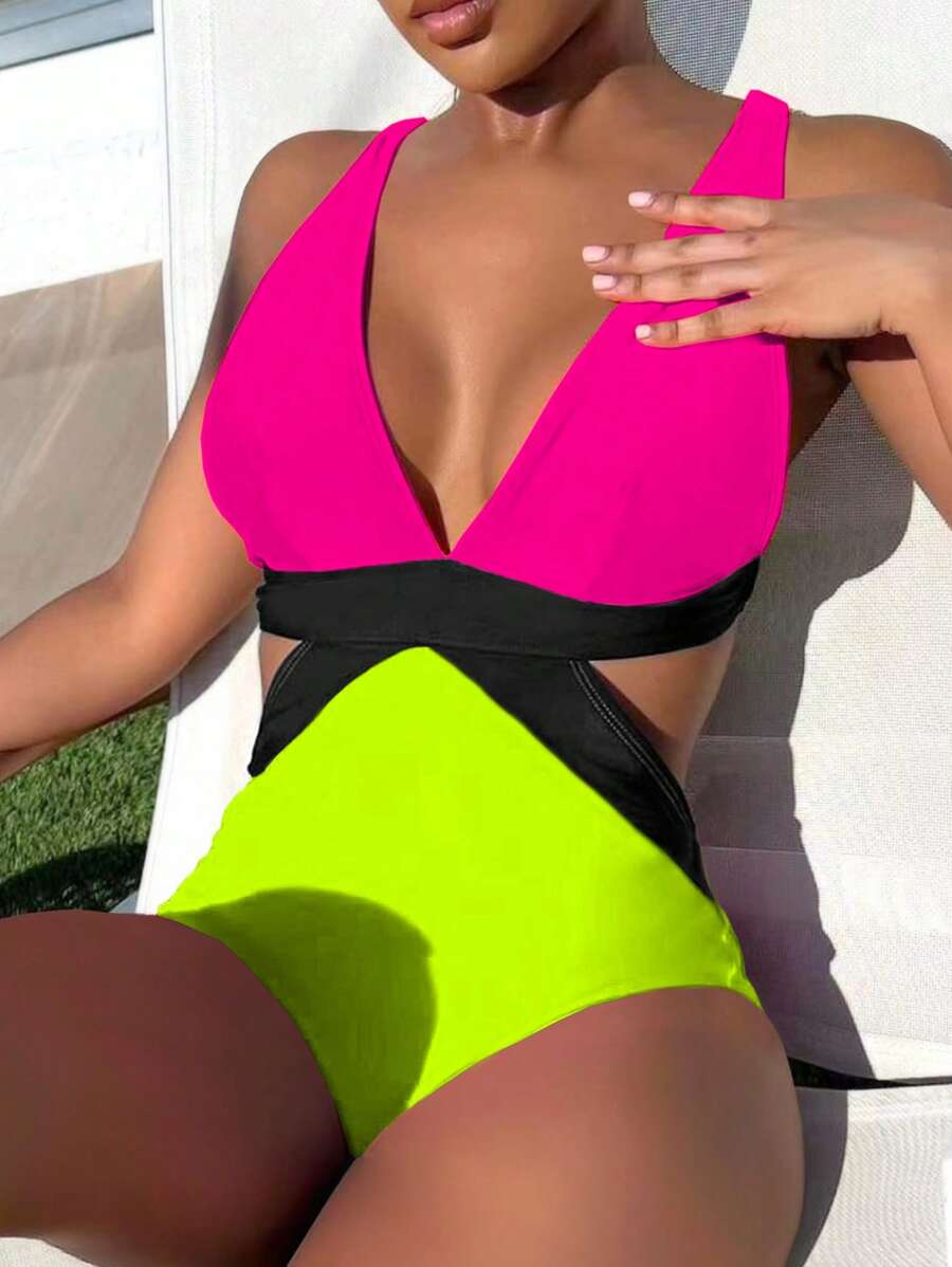Summer Beach Color Block Cut-Out Neon One Piece Swimsuit Bathing Suit - Multicolor - View 1