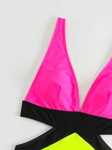 Summer Beach Color Block Cut-Out Neon One Piece Swimsuit Bathing Suit - Multicolor - View 3