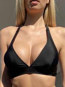 Solid Halter Bikini Top - Black - View 3