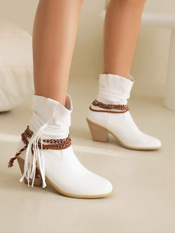 Damen Chunky Heel Fransen Western Stiefel mit rundem Zehenbereich, Slip-On Kurzstiefel