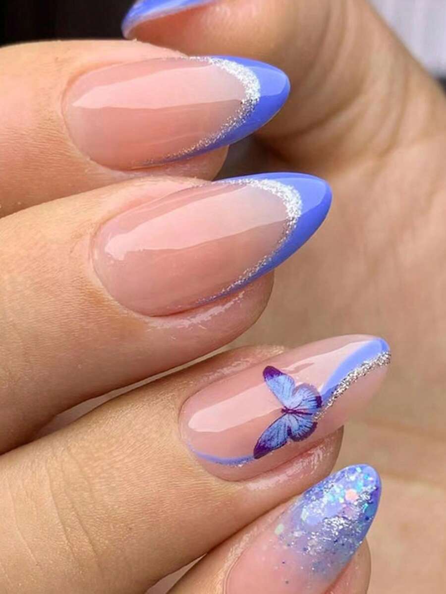 VV MEI JIA ER Nâng cấp vẻ ngoài của bạn với 24 chiếc Bộ móng tay giả họa tiết bướm hạnh nhân dài - Nhiều màu - Xem 1