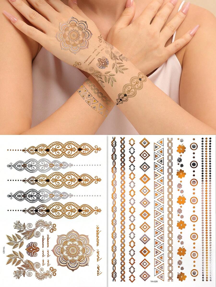 2 hojas Pegatina tatuaje con cadena & con patrón de hoja - Multicolor - Ver 1