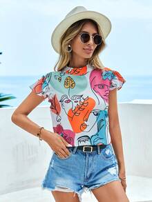 Figure Graphic Mock Neck Butterfly Sleeve Blouse - Nhiều màu - Xem 3