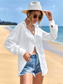 Cloudara Camisa unicolor de hombros caídos con botón delantero - Blanco - Ver 5