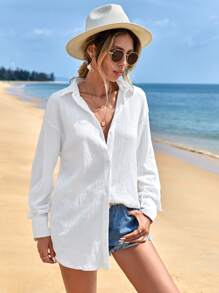 Cloudara Camisa unicolor de hombros caídos con botón delantero - Blanco - Ver 4