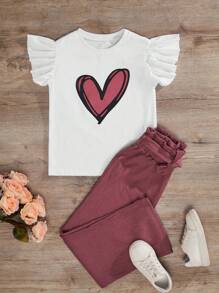 RueChic Girls Heart Print Ruffle Trim Tee & Paperbag Waist Pants - Đỏ và trắng - Xem 1