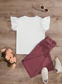 RueChic Girls Heart Print Ruffle Trim Tee & Paperbag Waist Pants - Đỏ và trắng - Xem 2