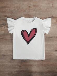 RueChic Girls Heart Print Ruffle Trim Tee & Paperbag Waist Pants - Đỏ và trắng - Xem 3