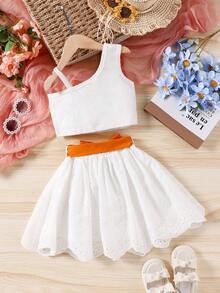 Toddler Girls Asymmetrical Neck Bow Front Top & Belted Skirt - White - View 2