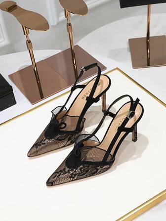 秋冬时尚女士露跟高跟鞋，蕾丝荷叶边细高跟鞋，优雅派对风