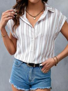 SHEIN Unity Áo sơ mi nữ Nút phía trước Sọc Giải trí - Màu Khaki - Xem 5