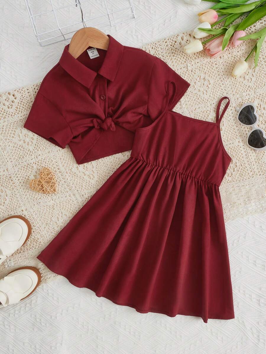 SHEIN 小女童素色吊帶連衣裙&前紐扣襯衫 - 酒紅色 - 查看 1
