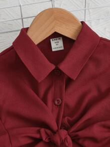 SHEIN 小女童素色吊帶連衣裙&前紐扣襯衫 - 酒紅色 - 查看 4