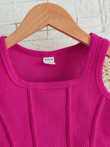 SHEIN Young Girl Square Neck Tank Top & Letter Patched Shorts - Hot Pink - View 4