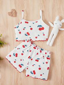 SHEIN Young Girl Cherry Print Lettuce Trim PJ Set - Multicolor - View 1