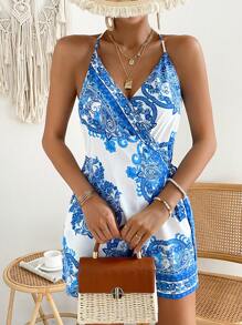 SHEIN VCAY Áo liền quần nữ Lộ Lưng Thắt nút Buộc lại Trọn gói Paisley Boho - Xanh và trắng - Xem 6