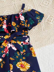 SHEIN Jumpsuit bé gái Thắt lưng Cắt ra Xù Hoa Tất cả trên in Boho - Nhiều màu - Xem 3