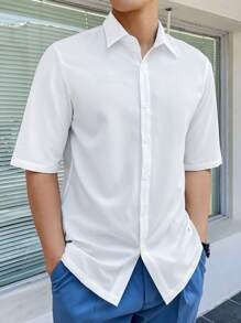 SHEIN X HATTAN Manfinity Fever City Men Solid Plain Button Up Basic 90s Short Sleeve Shirt For Boyfriend Gift, Work - White - View 1