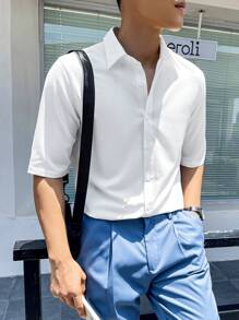 SHEIN X HATTAN Manfinity Fever City Men Solid Plain Button Up Basic 90s Short Sleeve Shirt For Boyfriend Gift, Work - White - View 8