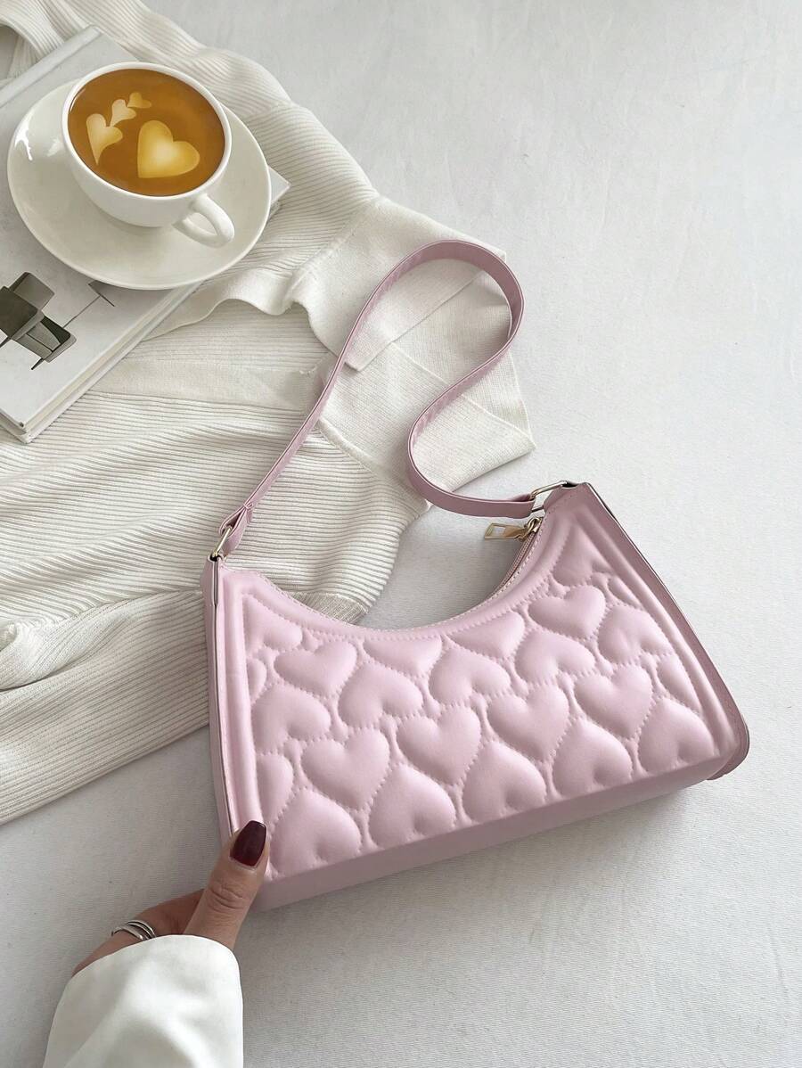 Small Baguette Bag Heart Quilted Solid Colour - Baby Pink - View 1