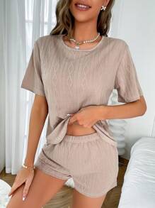 Solid Tee & Shorts Lounge Set - Brown - View 4